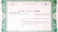 Historisches Aktienzertifikat mit gruenem Rand und englischem Text als Wertpapiernachweis.