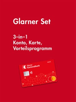GLKB Debit Mastercard auf rotem Grund, mit allen Vorteilen des Glarner Sets.