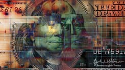Digital verfremdetes Portraet auf US-Dollar-Schein mit Datenlinien und Finanzsymbolik im Hintergrund.