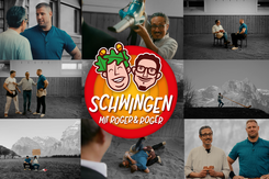 Collage zum Videoformat «Schwingen mit Roger & Roger» mit Szenen aus der Schwinghalle und Bergen.