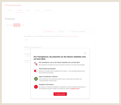 Finanzassistent Analyse Steuern mit Übersicht möglicher steuerlich abziehbarer Transaktionen.