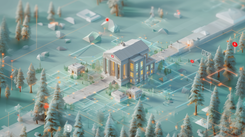 Illustration eines digital vernetzten Bankgebäudes in alpiner Landschaft mit moderner Infrastruktur und Datenverbindungen.