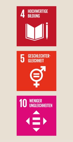 Drei Icons zu Bildung, Geschlechtergleichheit und weniger Ungleichheiten mit Symbolen in Rot- und Pinktönen