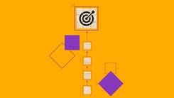 Holzwürfel mit Zielscheibe symbolisieren Zielerreichung vor orangefarbenem Hintergrund mit Pfeilen