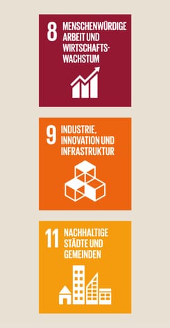 Drei Icons für Arbeit, Innovation und nachhaltige Städte mit Wachstums-, Würfel- und Gebäudesymbolen