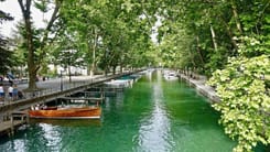 Grüner Kanal mit Booten und schattiger Promenade, gesäumt von grossen Bäumen an einem Sommertag.