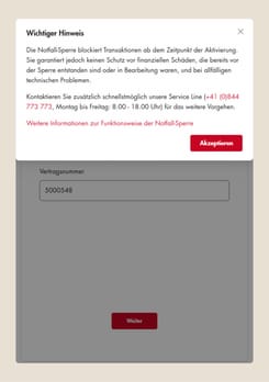Screenshot eines Zwischenschrittes für die Notfall-Sperre der GLKB.