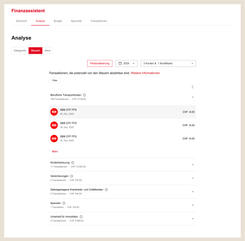 Finanzassistent Analyse Steuern mit Übersicht möglicher steuerlich abziehbarer Transaktionen.