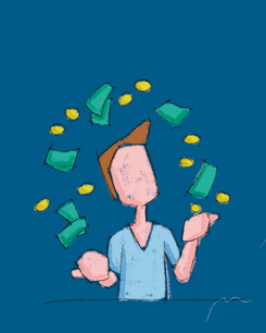 Illustration einer Person, die Geldscheine und Münzen jongliert – Symbol für Finanzmanagement mit der BudgetCH App.