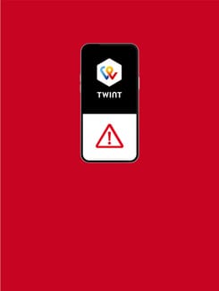 Smartphone mit TWINT-Logo und rotem Warnsymbol auf rotem Hintergrund als Hinweis auf eine Störung.
