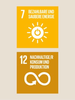 Zwei Icons zu sauberer Energie und nachhaltigem Konsum mit Sonnen- und Unendlichkeitssymbolen in Gelb und Ocker