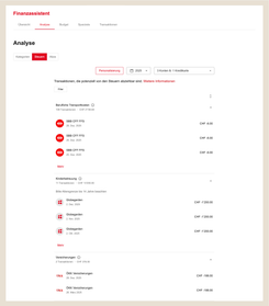 Finanzassistent Analyse Steuern mit Übersicht möglicher steuerlich abziehbarer Transaktionen.