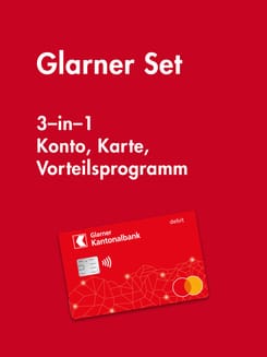 GLKB Debit Mastercard auf rotem Grund, mit allen Vorteilen des Glarner Sets.
