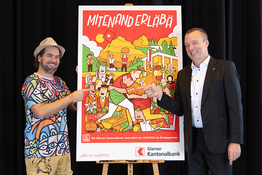Künstler Fredinko und GLKB CEO Sven Wiederkehr mit dem ESAF 2025 Themenbild