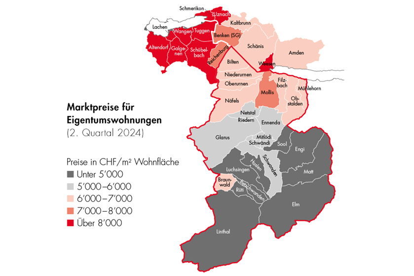 Karte Kanton Glarus mit Uebersicht Immobilienmarkt